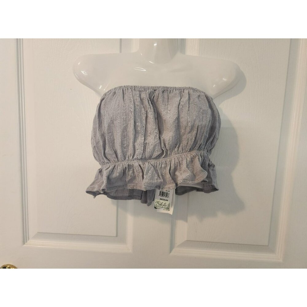 Sadie & Sage Cloud Blue Strapless Ruffle Hem Top Medium 100% Cotton Boho Summer - Picture 2 of 5